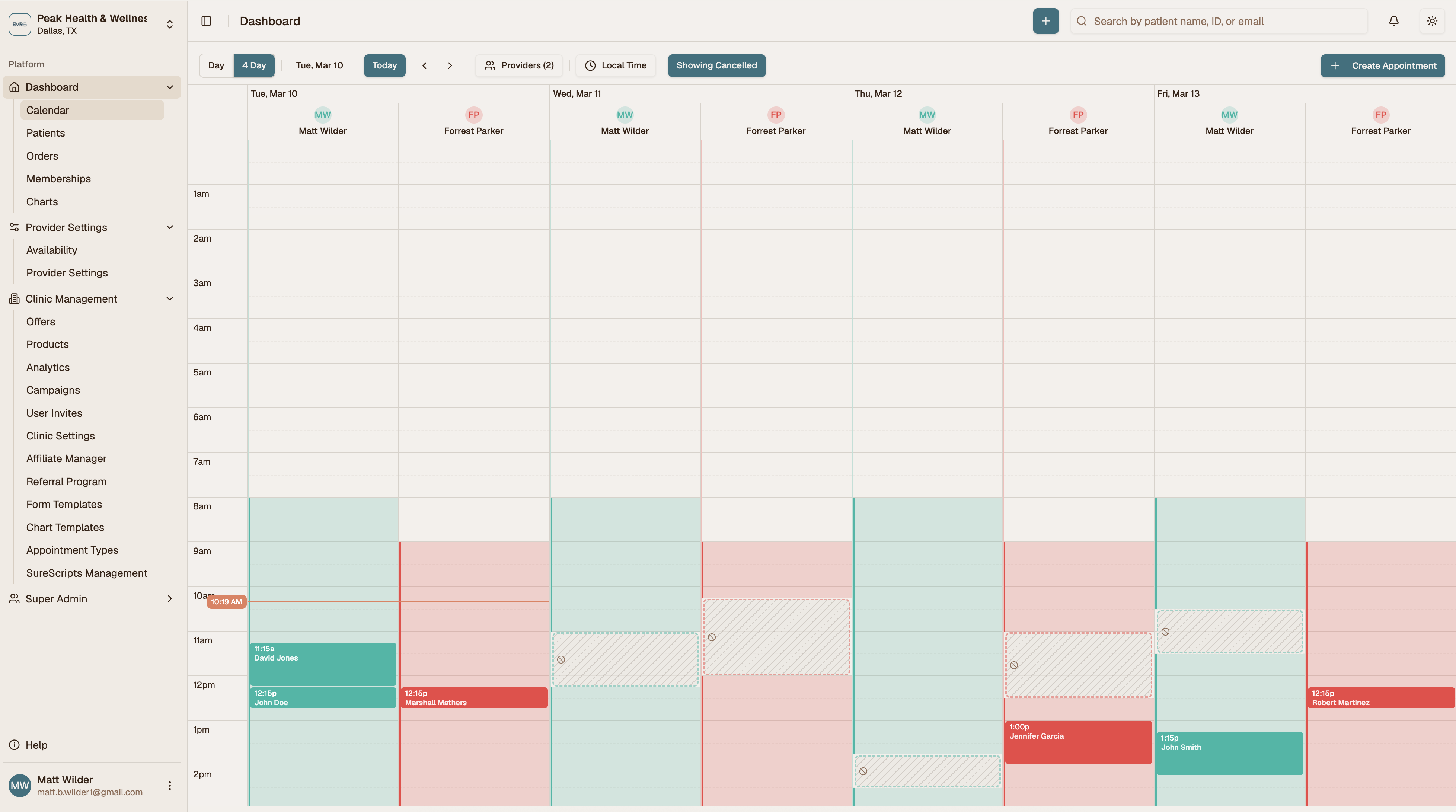 The EMRG dashboard, showing a multi-provider clinic calendar